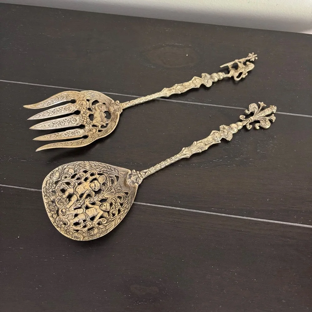 Vintage Italian Brass Salad Serving Set | Cherub Lion Fleur-de-Lis Ornate |‎ 2pc